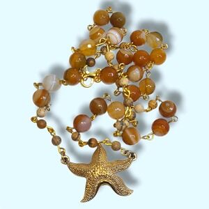 Gold Tone Stone Bead‎ Starfish Pendant Necklace 22"